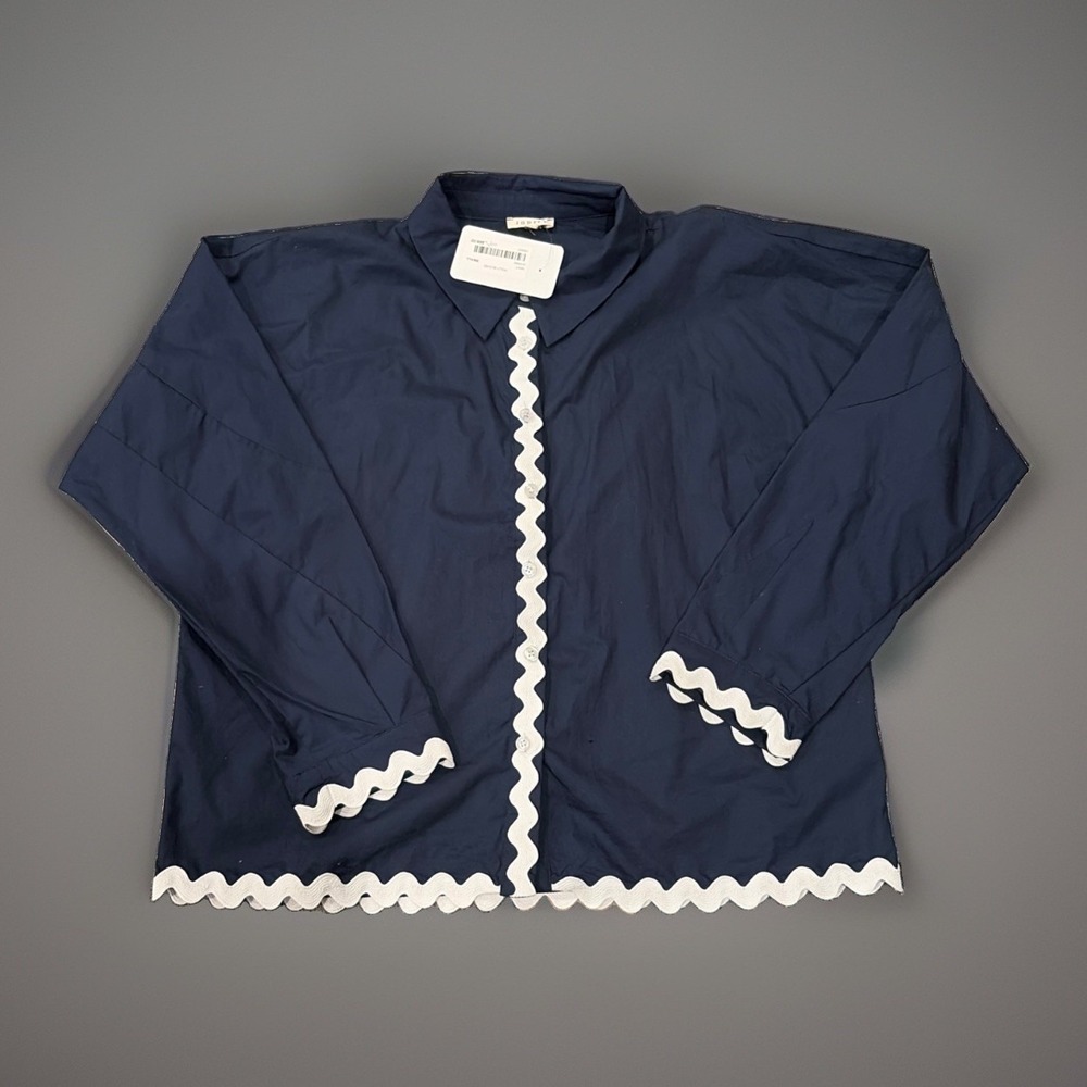 NWT Jodifl Brand Blouse Small Navy Blue Long Sleeve White Ric-Rac Trim Classic